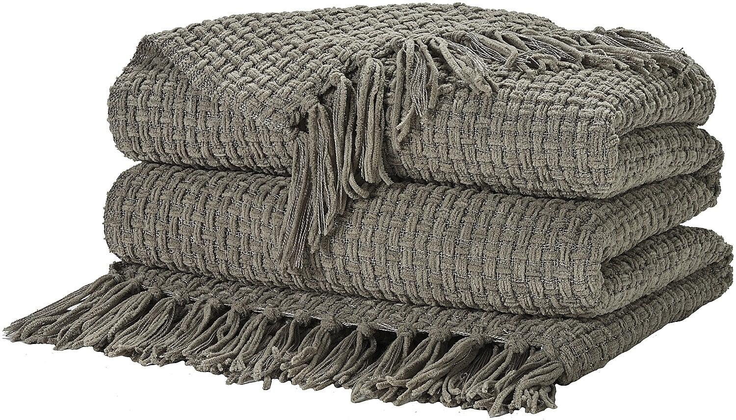 Gray Woven Chenille Knitted Throw Blanket with Tassels