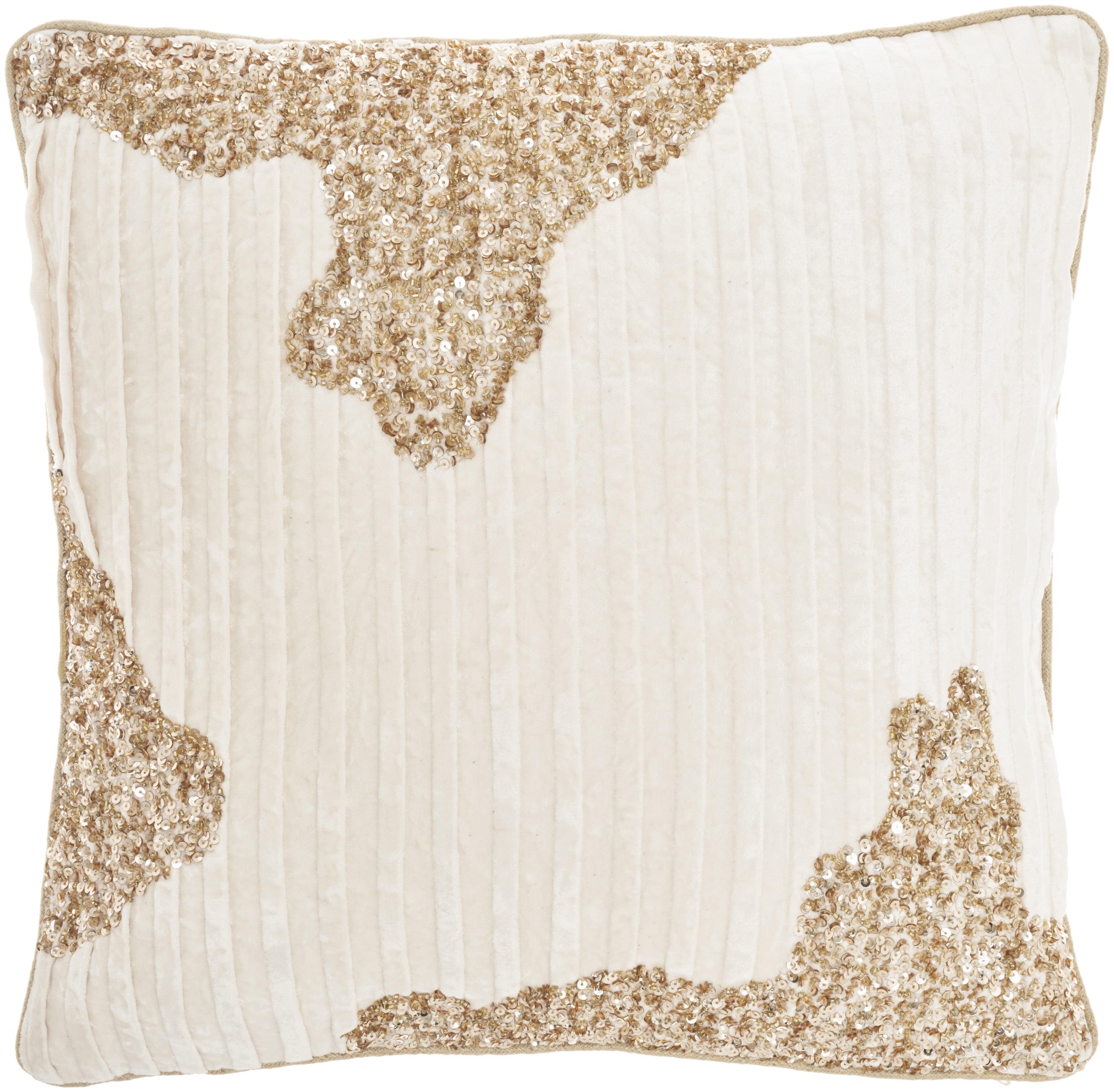 Mina Victory 18"x18" Sofia Beaded Pleated Velvet Square Throw Pillow Ivory/Gold: Bohemian Stripe, Removable Cover, Indoor Use