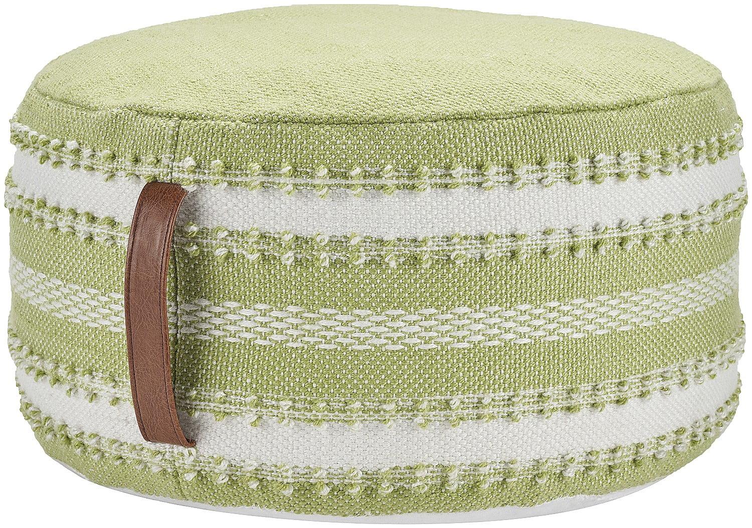 Casual Geometric Green and White Woven Outdoor Pouf 20" x 20" x 12"