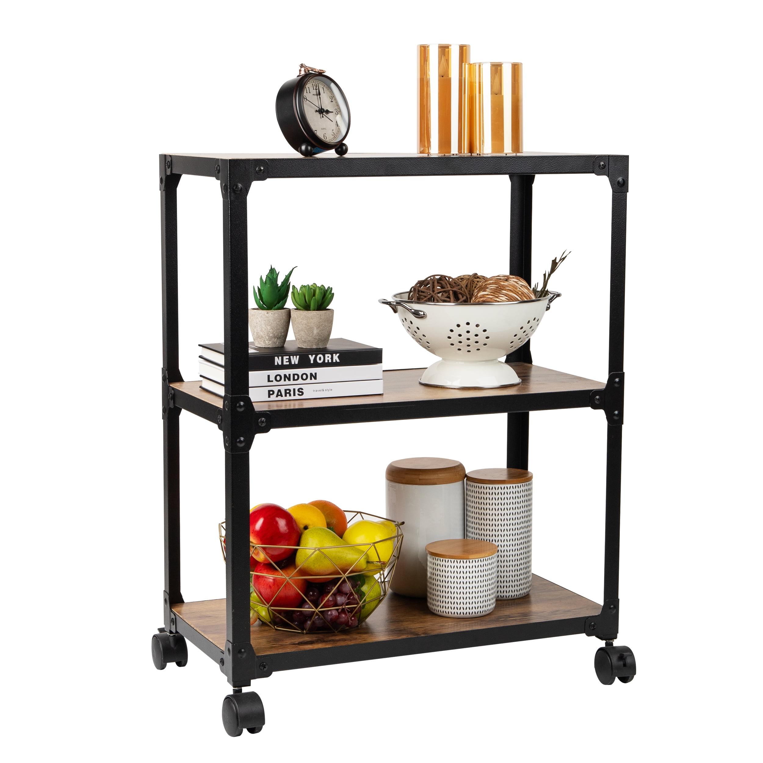 Elegant Black Metal 3-Tier Rolling Storage Cart with Wood Shelves