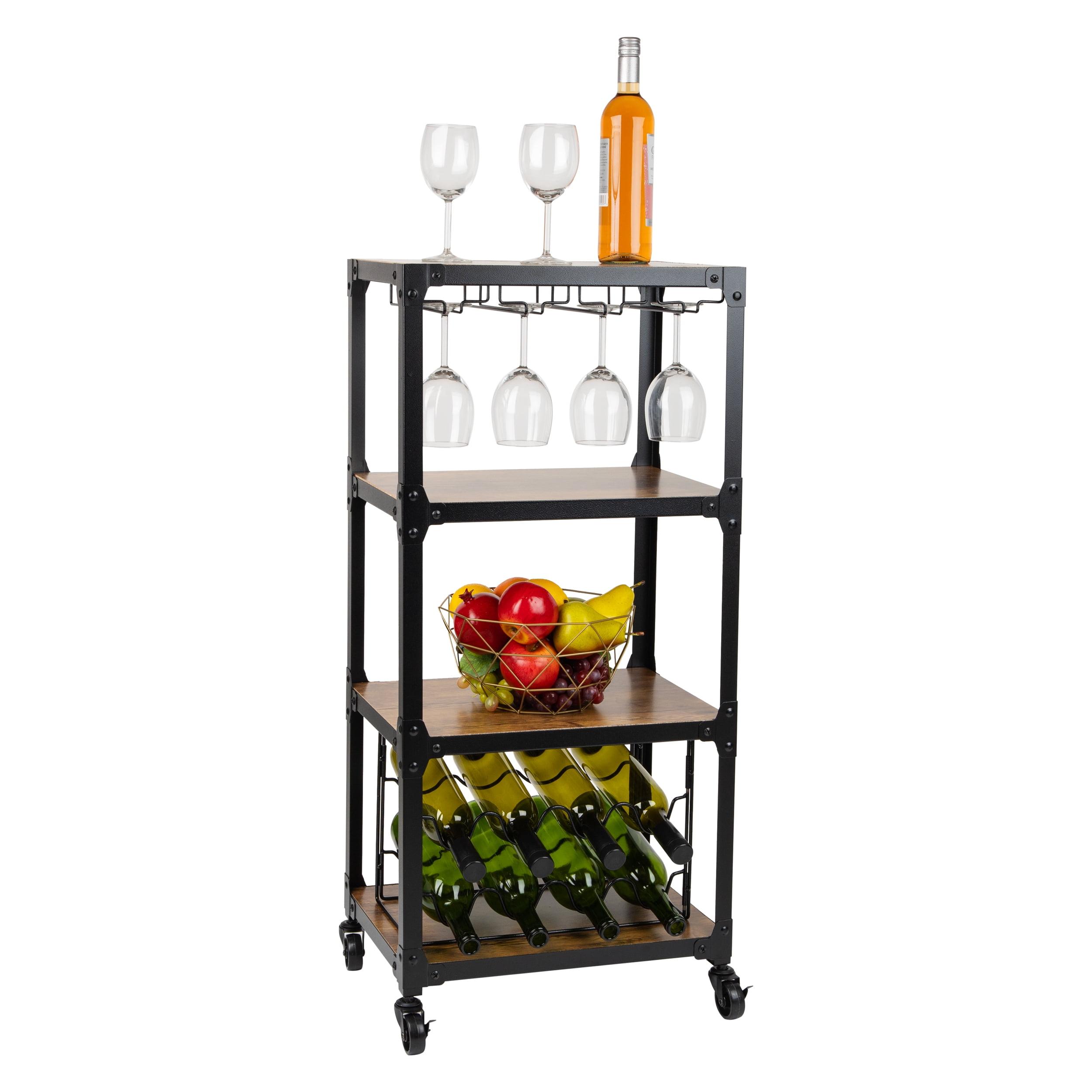 Black Wood and Metal Rolling Bar Cart with Wine Rack