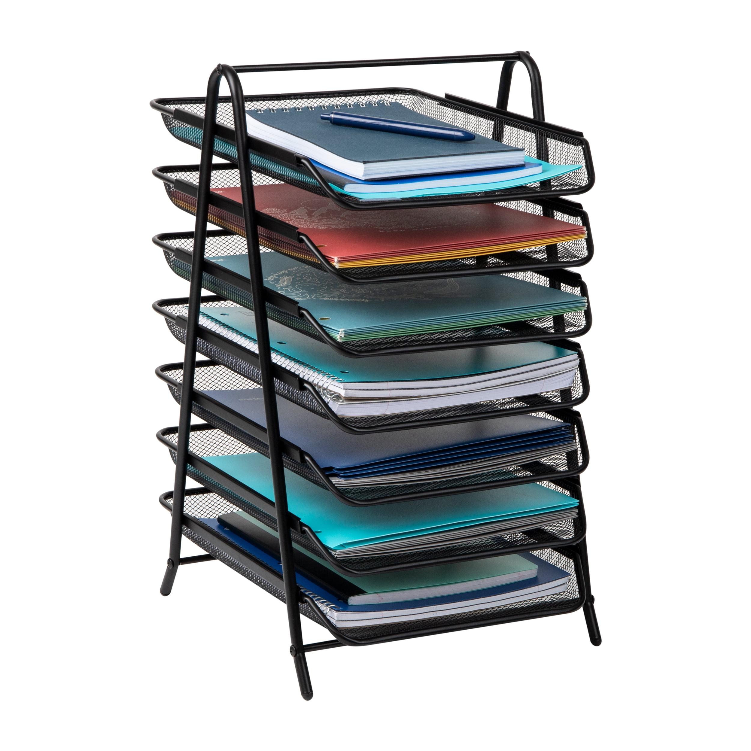 Black Metal Mesh 7-Tier Letter Tray Organizer with Handle