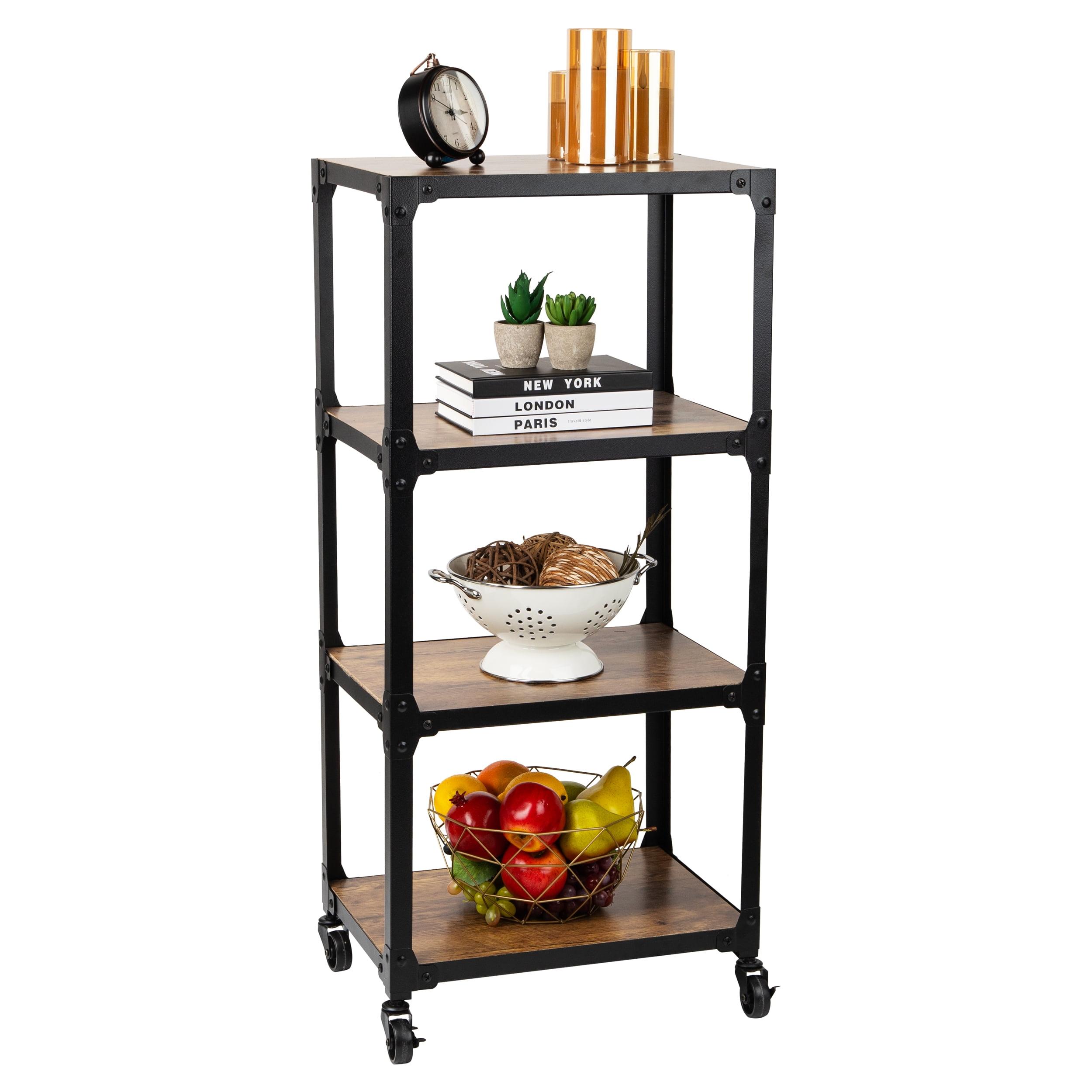 Brown Wood and Black Metal 4-Tier Rolling Utility Cart