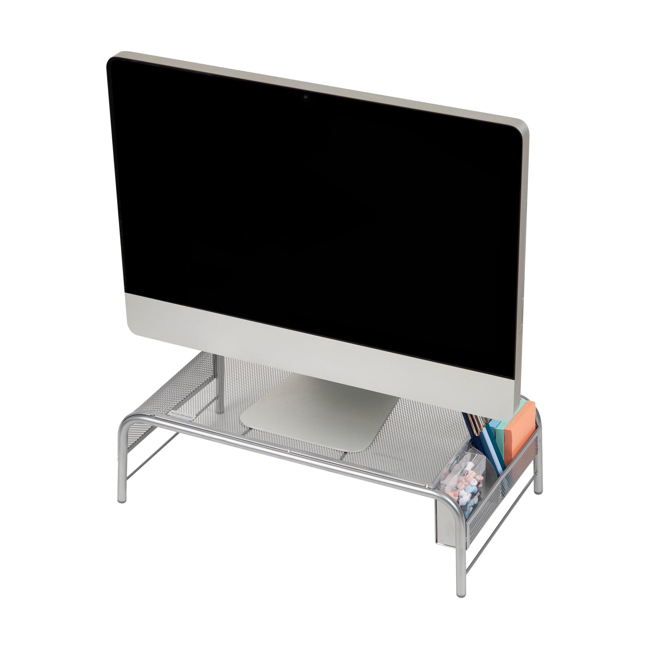 Silver Metal Mesh Monitor Stand with Side Storage