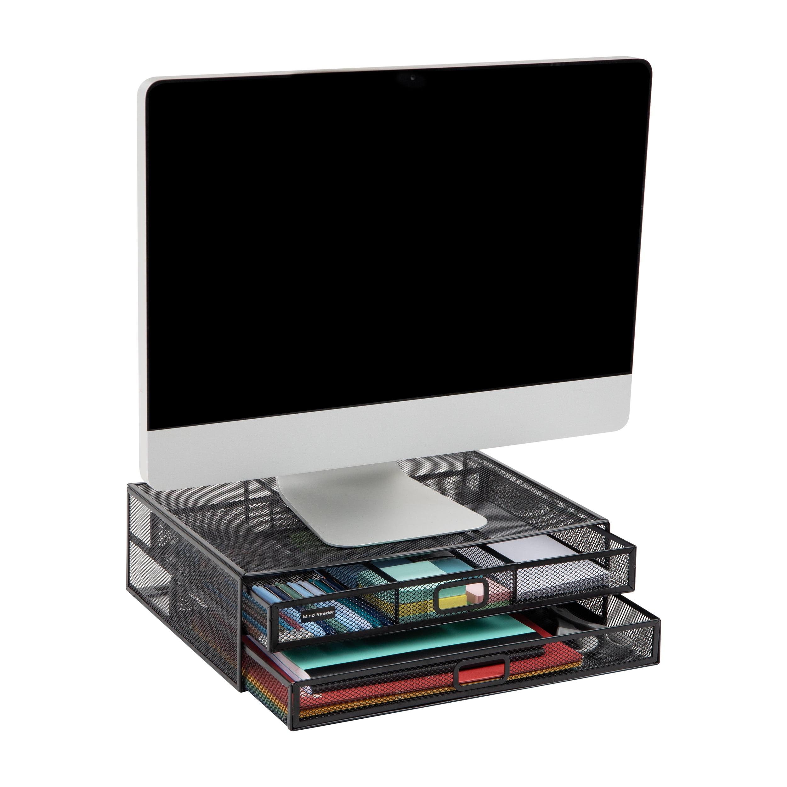 Black Metal Mesh Monitor Stand with Storage Drawers