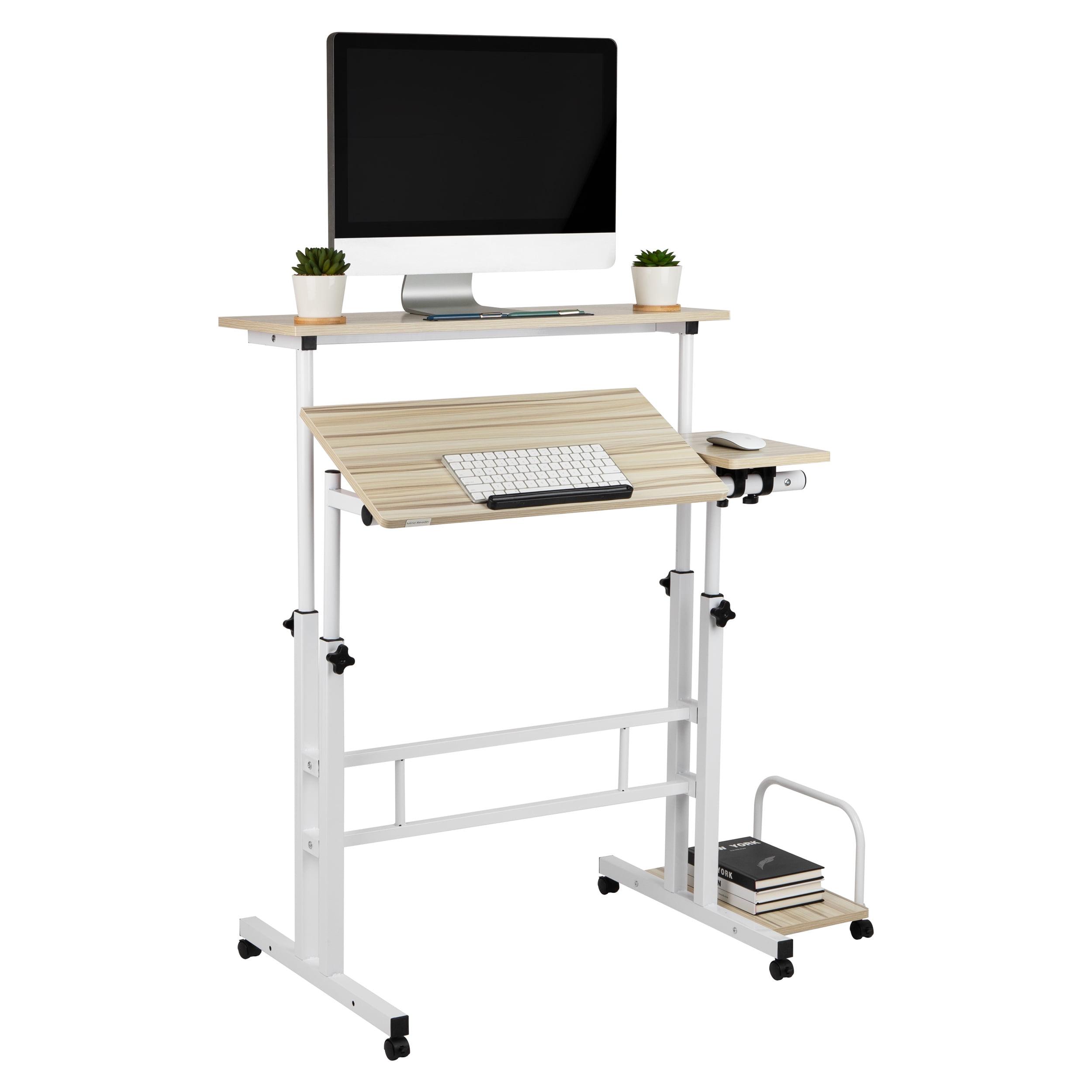 White Adjustable Height Mobile Standing Desk with Keyboard Tray