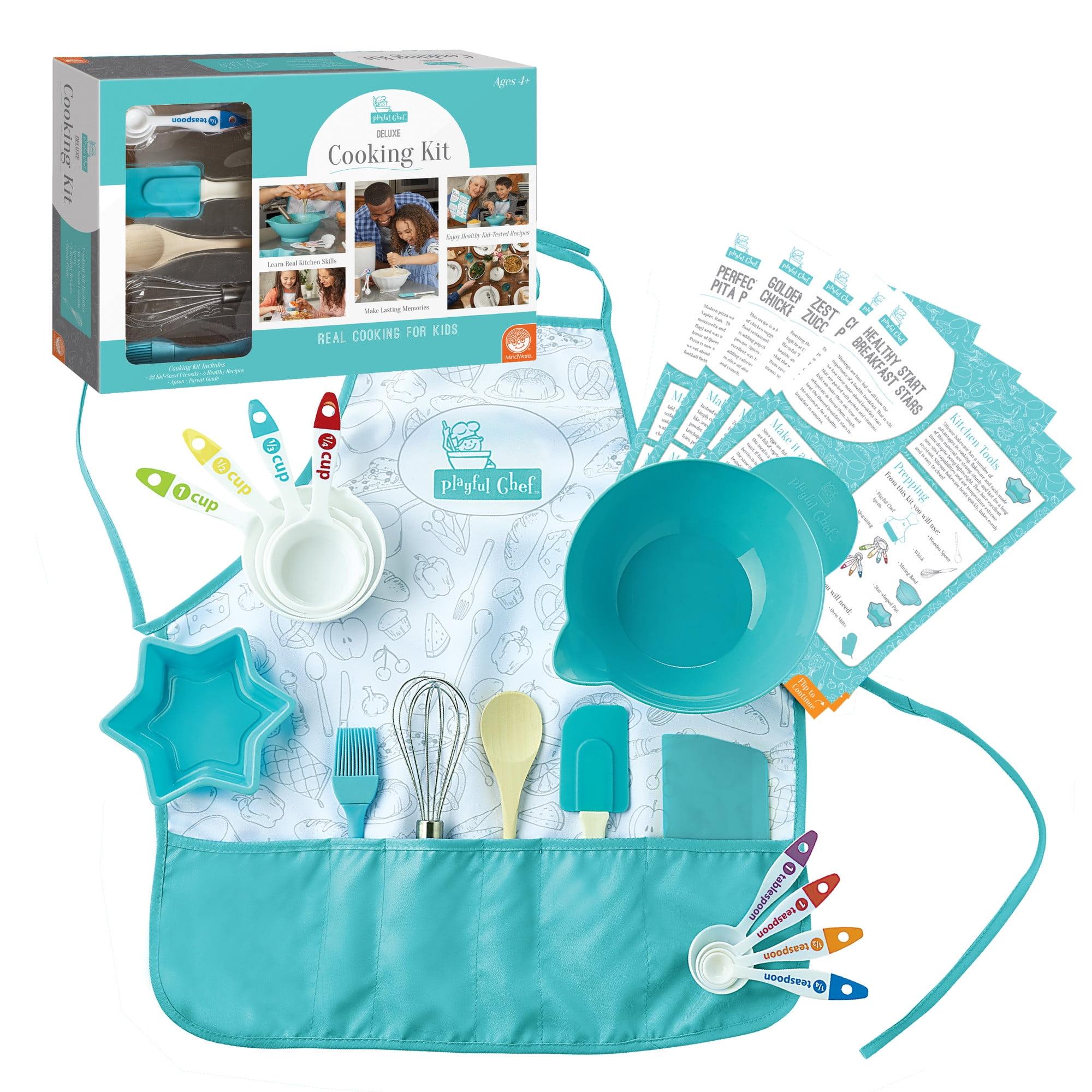 MindWare Playful Chef: Deluxe Kid-Sized Utensils Cooking Set with Apron for Kids – Ages 4 & up – 23 piece set