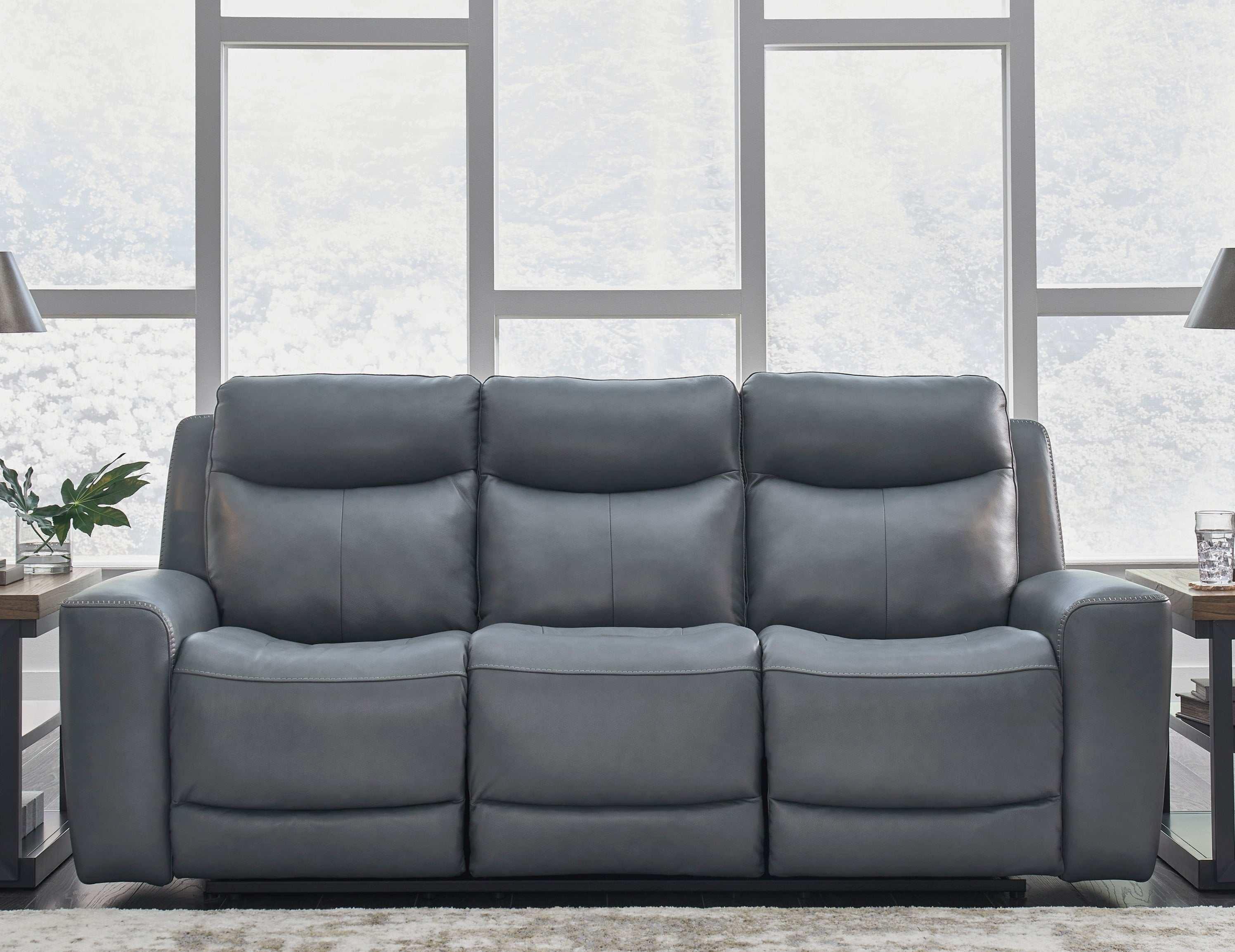 Blue Leather Power Reclining Sofa with Steel Frame