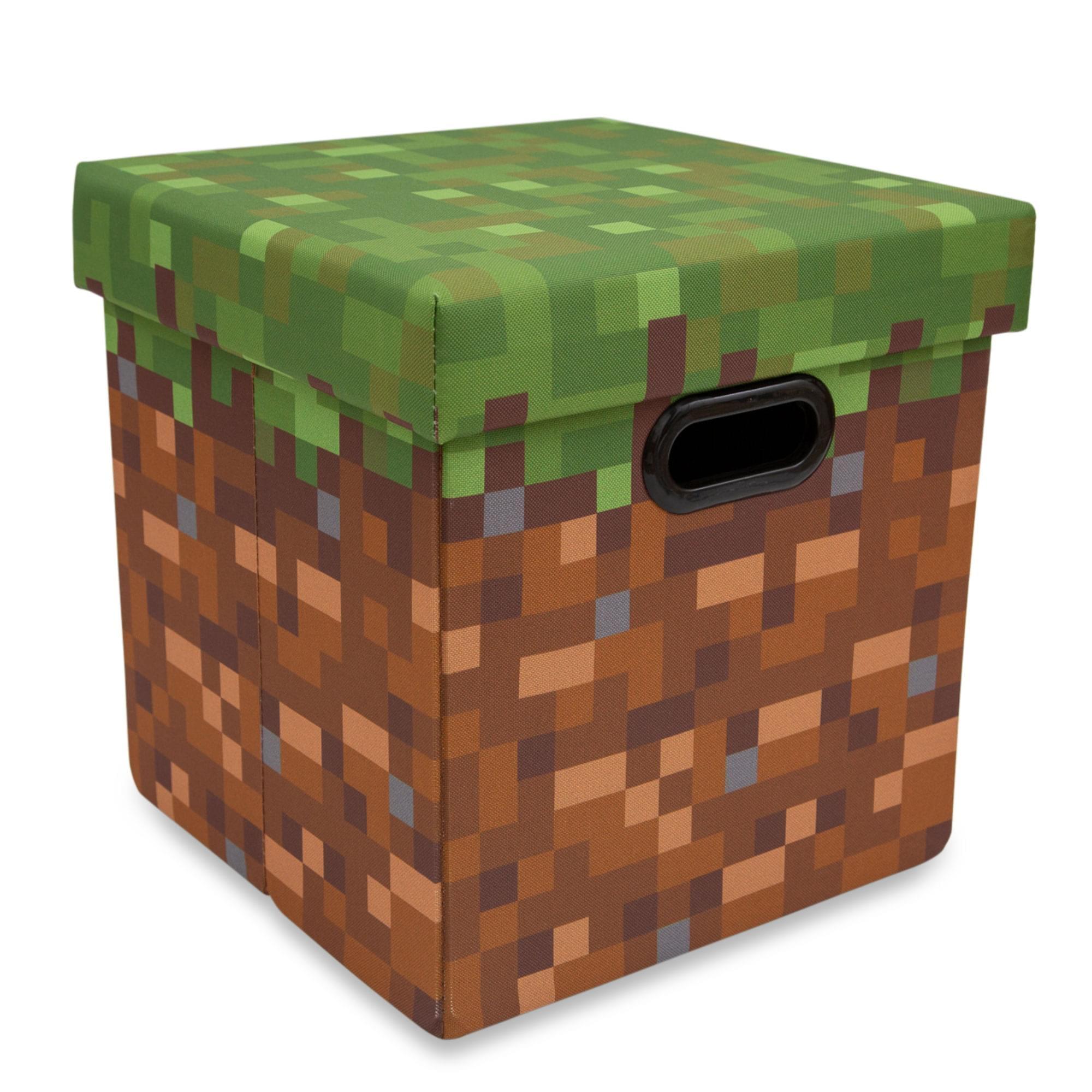 Ukonic Minecraft Grassy Block Fabric Storage Bin Cube Organizer with Lid | 13 Inches