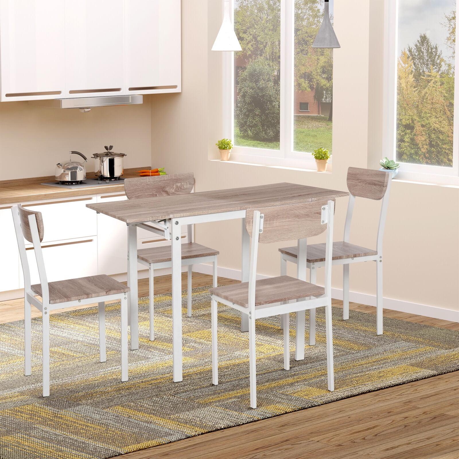 HomCom Modern 5-Piece Dining Table Set for 4 with Foldable Drop Leaf, 4 Chairs, and Metal Frame for Small Spaces, White