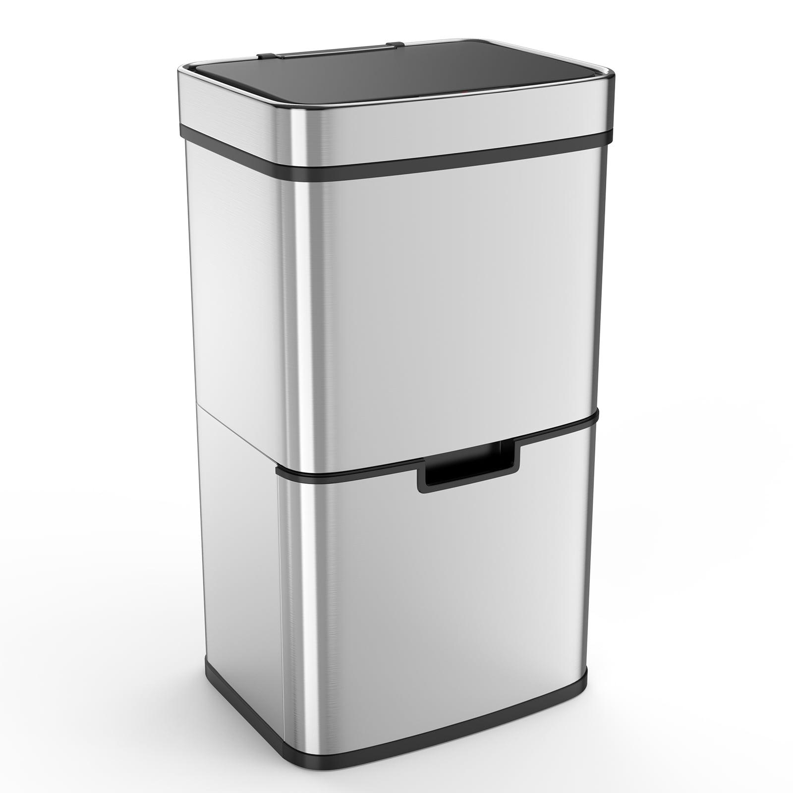 Pouseayar 16 Gallon Stainless Steel Kitchen Separation Trash Can with Smart Automatic Motion Sensor Lid and Removable Dual Compartment Plastic Inner Buckets