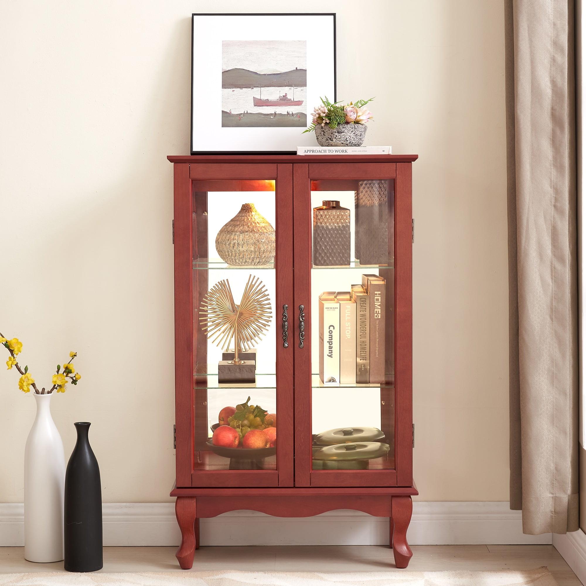 Miniyam Lighted Curio Display Cabinet with Tempered Glass Doors,Curio Cabinets with Mirrored Back Panel and Adjustable Shelves,Bulb Included,Cherry