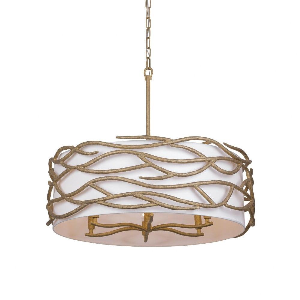 Textured Ashen Gold 6-Light Indoor Drum Pendant with Fabric Shade