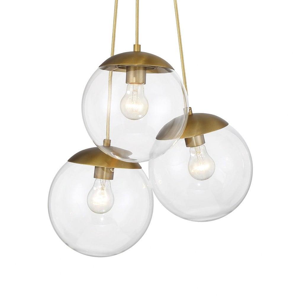 Soft Brass and Clear Glass 3-Light Globe Pendant