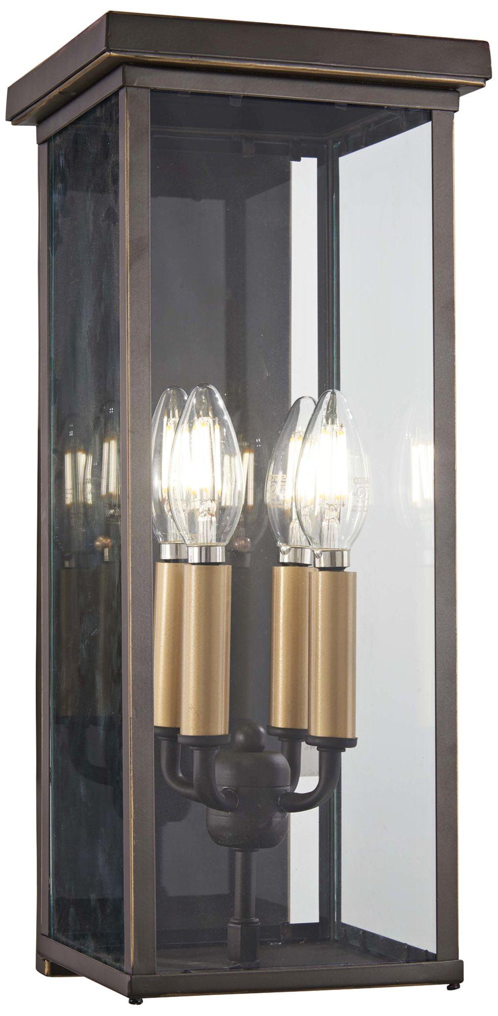 Elegant 4-Light Bronze Wall Lantern with Clear Glass and Gold Highlights