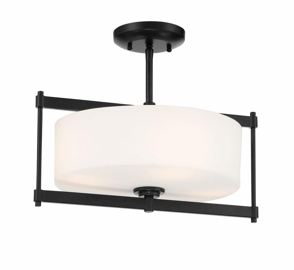 Minka Lavery Modern Ceiling Light Semi Flush Mount Fixture 16" Coal 4-Light Etched White Glass Drum Shade for Bedroom Living Room