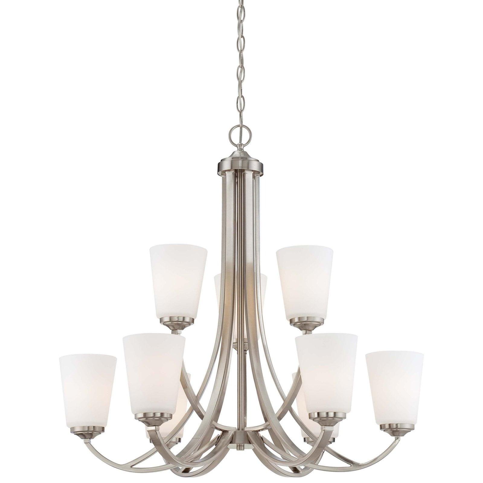 Brushed Nickel 9-Light Chandelier with Etched White Glass Shades