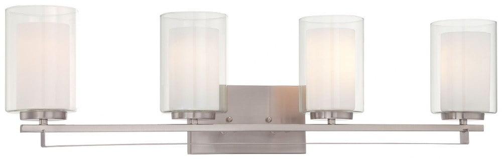 Elegant Brushed Nickel 4-Light Bath Bar with Etched White Glass