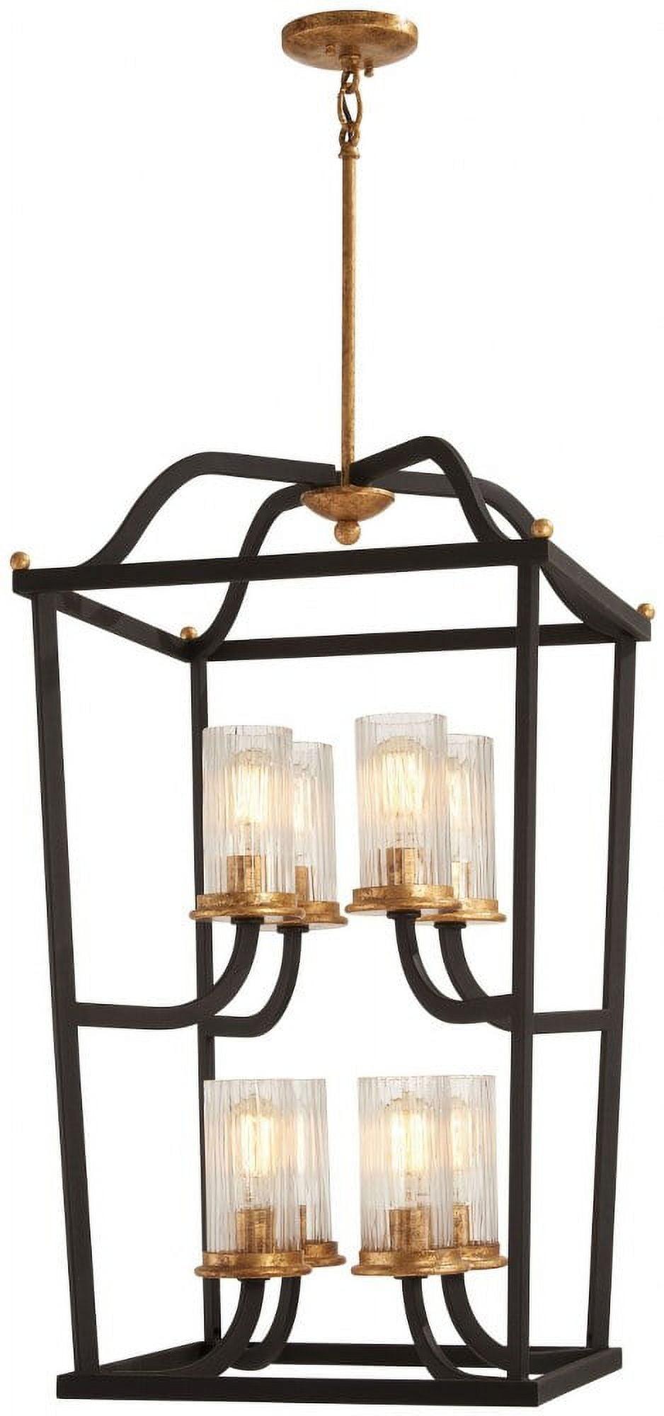 Sand Black and Gold Leaf 8-Light Transitional Chandelier with Clear Ribbed Glass