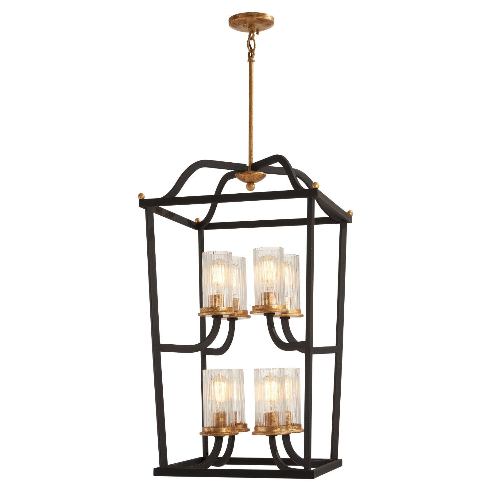 Sand Black and Gold Leaf 8-Light Transitional Chandelier with Clear Ribbed Glass