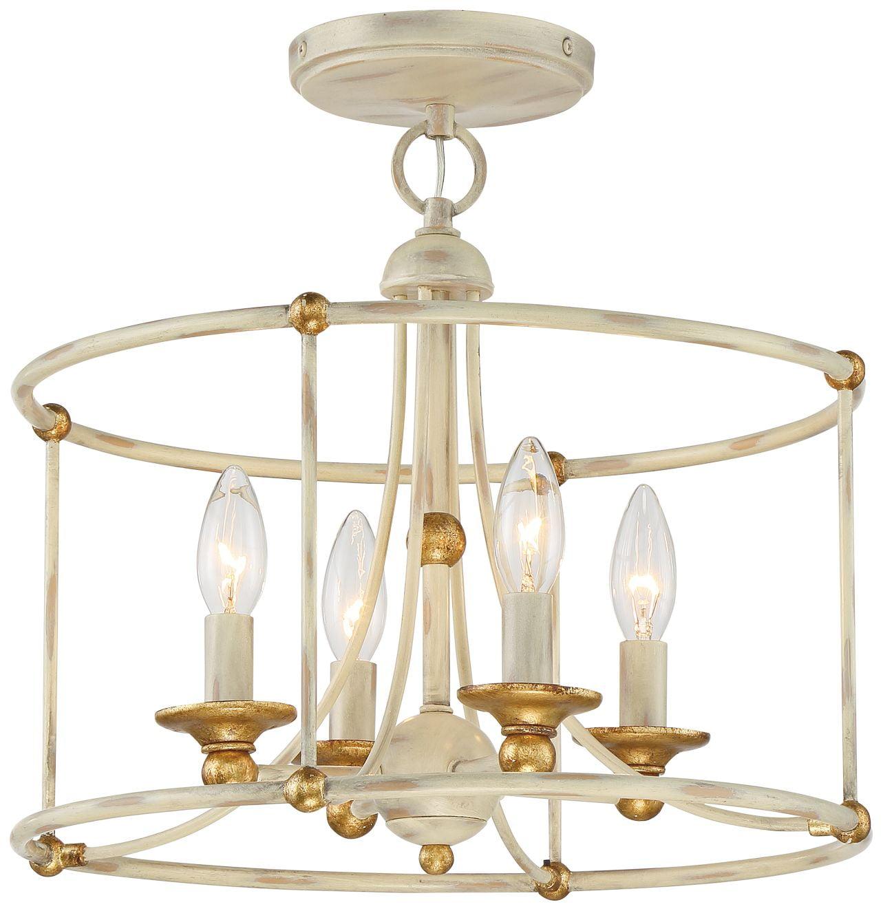 Farmhouse White and Gold 4-Light Glass Drum Ceiling Fixture