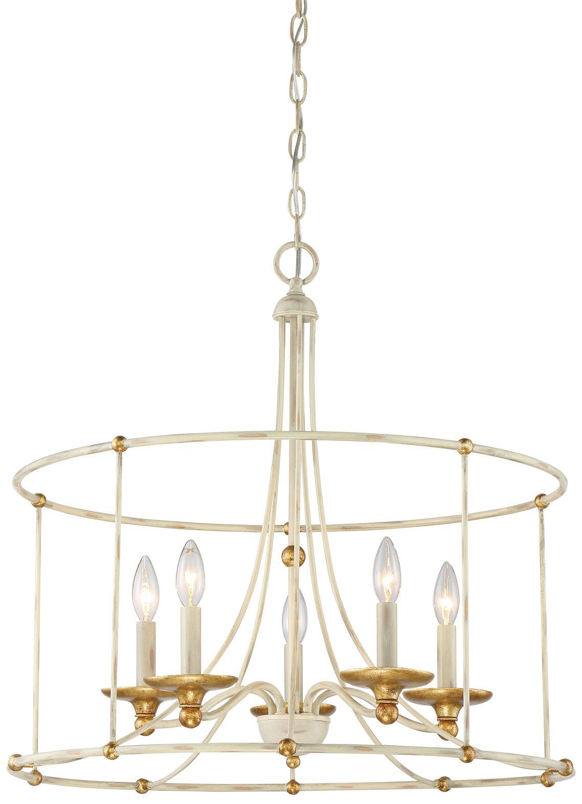 Farmhouse White and Gilded Gold 5-Light Chandelier with White Candle Covers