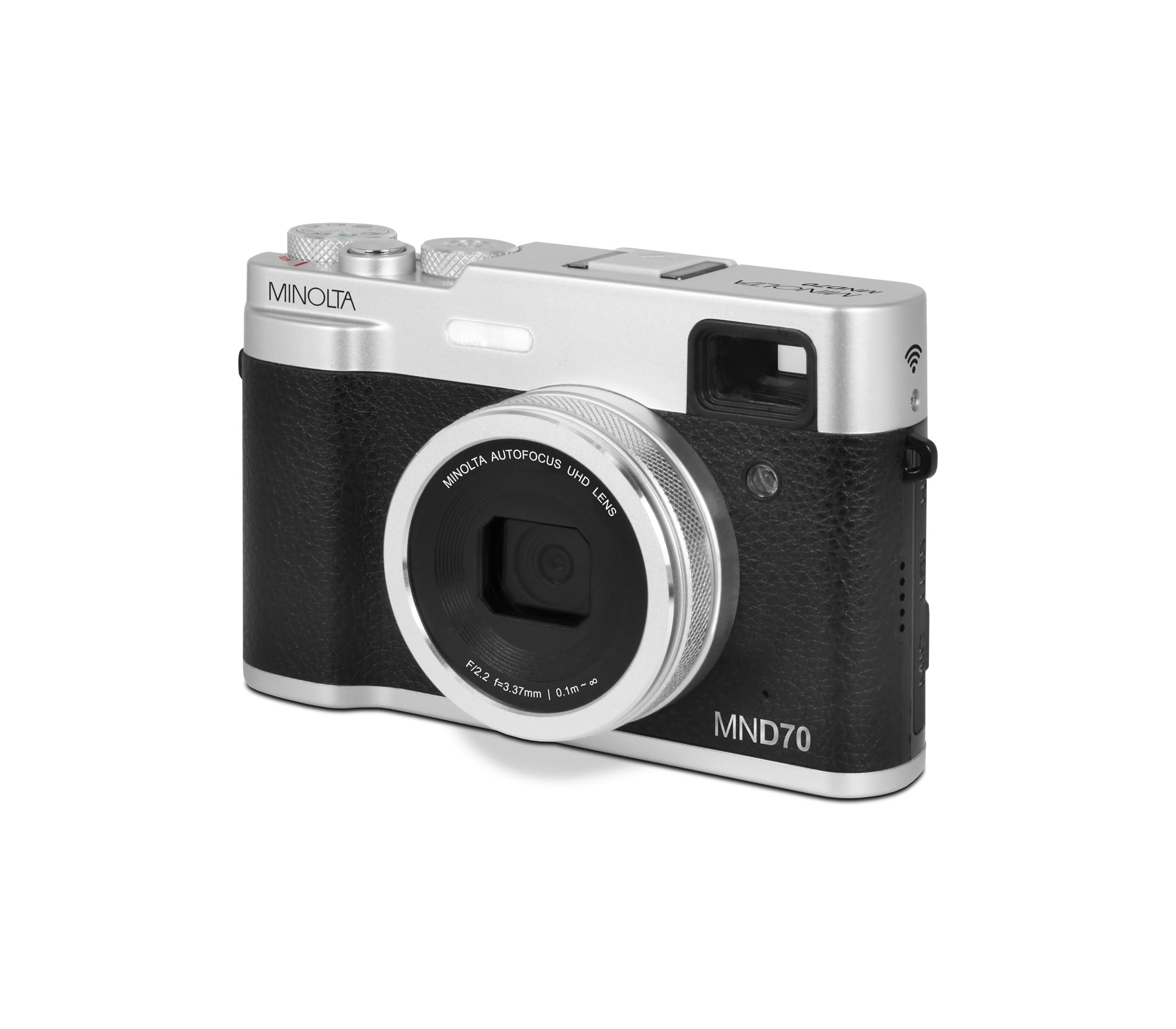 Minolta MND70 Retro 48 MP Autofocus Digital Camera with 5K Ultra HD Video, Rear Selfie Lens & WiFi, Silver