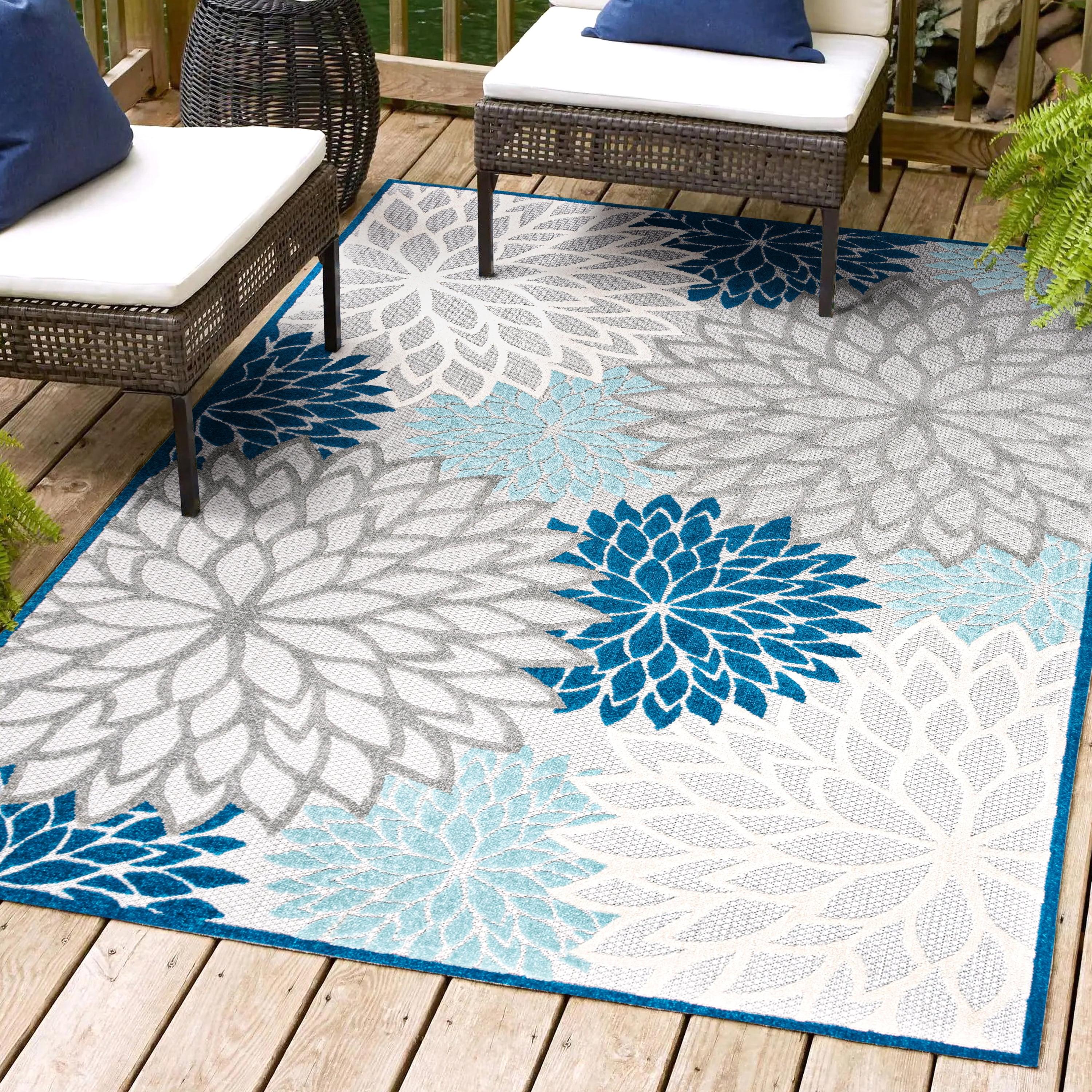 Blue/Gray Floral Synthetic 3' x 5' Easy-Care Indoor/Outdoor Rug