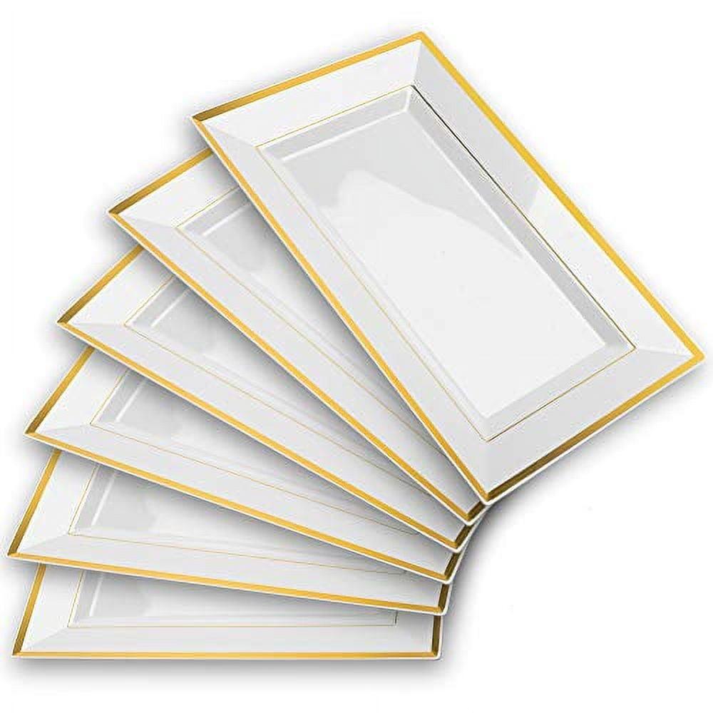 Mint Living - Elegant Plastic Serving Tray & Platter Set (6pk) - White & Gold Rim Disposable Serving Trays & Platters for Food - Weddings, Upscale Parties, Dessert Table, Cupcake display - 8