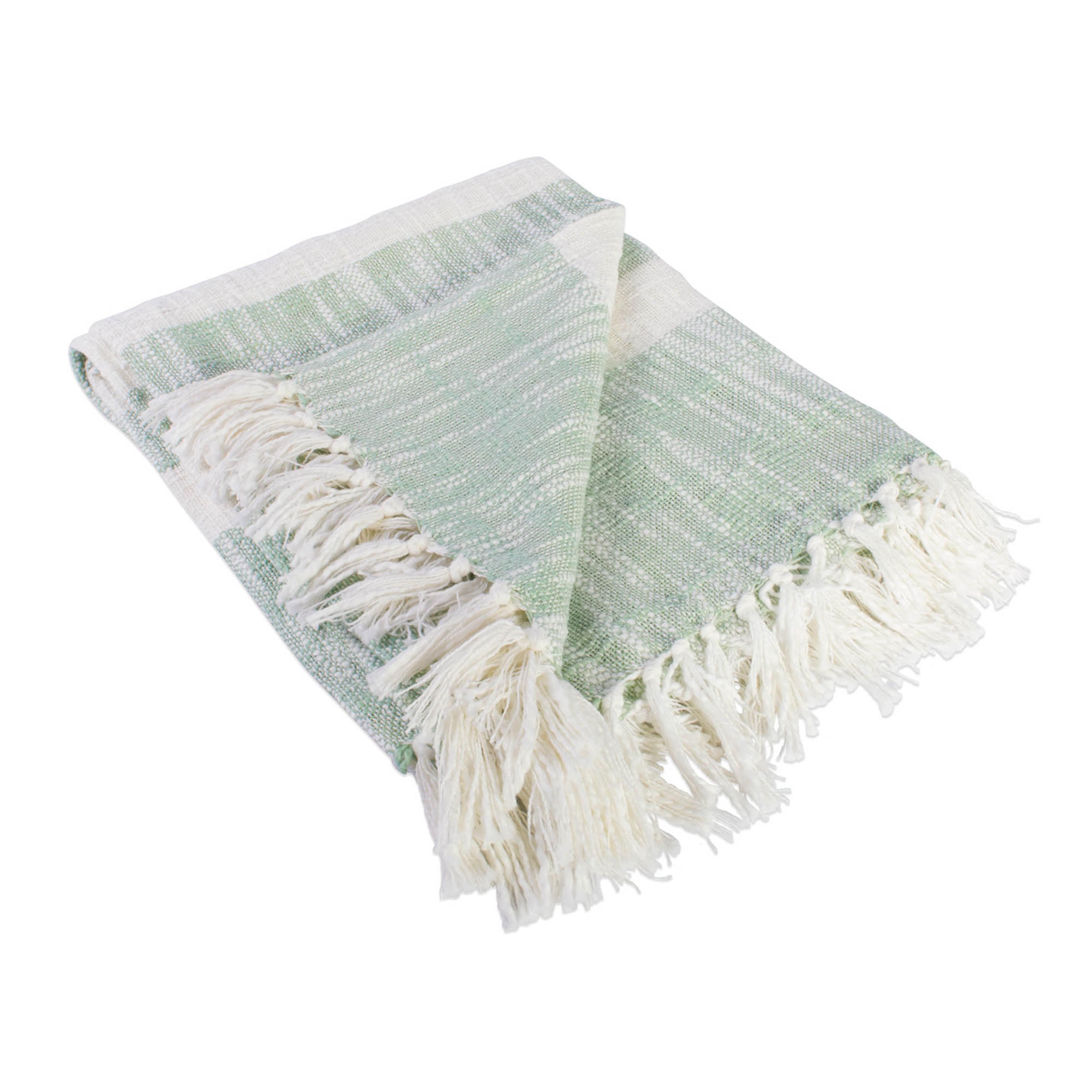 Mint and White Cotton Striped Throw Blanket with Fringe