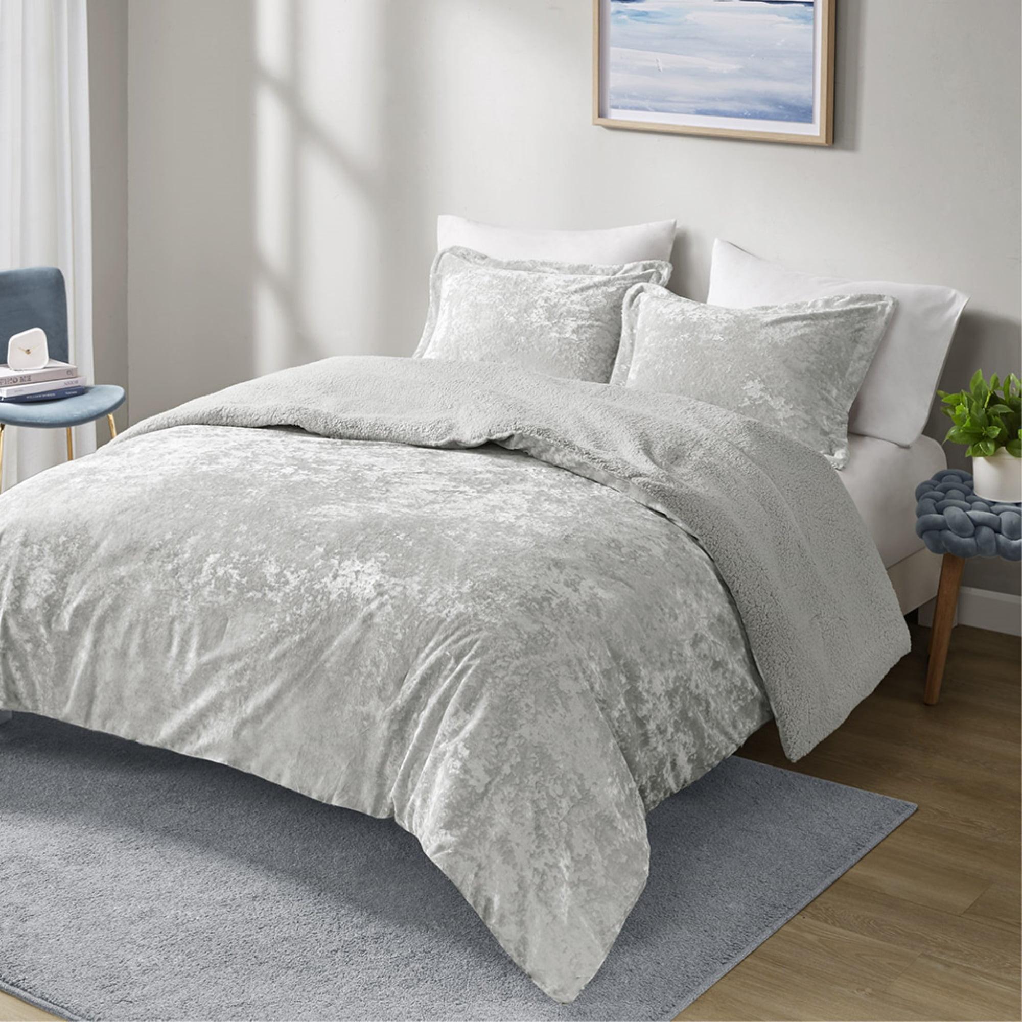 Twin/Twin XL Arabella Crushed Velvet to Faux Shearling Soft Reversible Teen Comforter Set Silver - Intelligent Design: Hypoallergenic Velvet Bedding