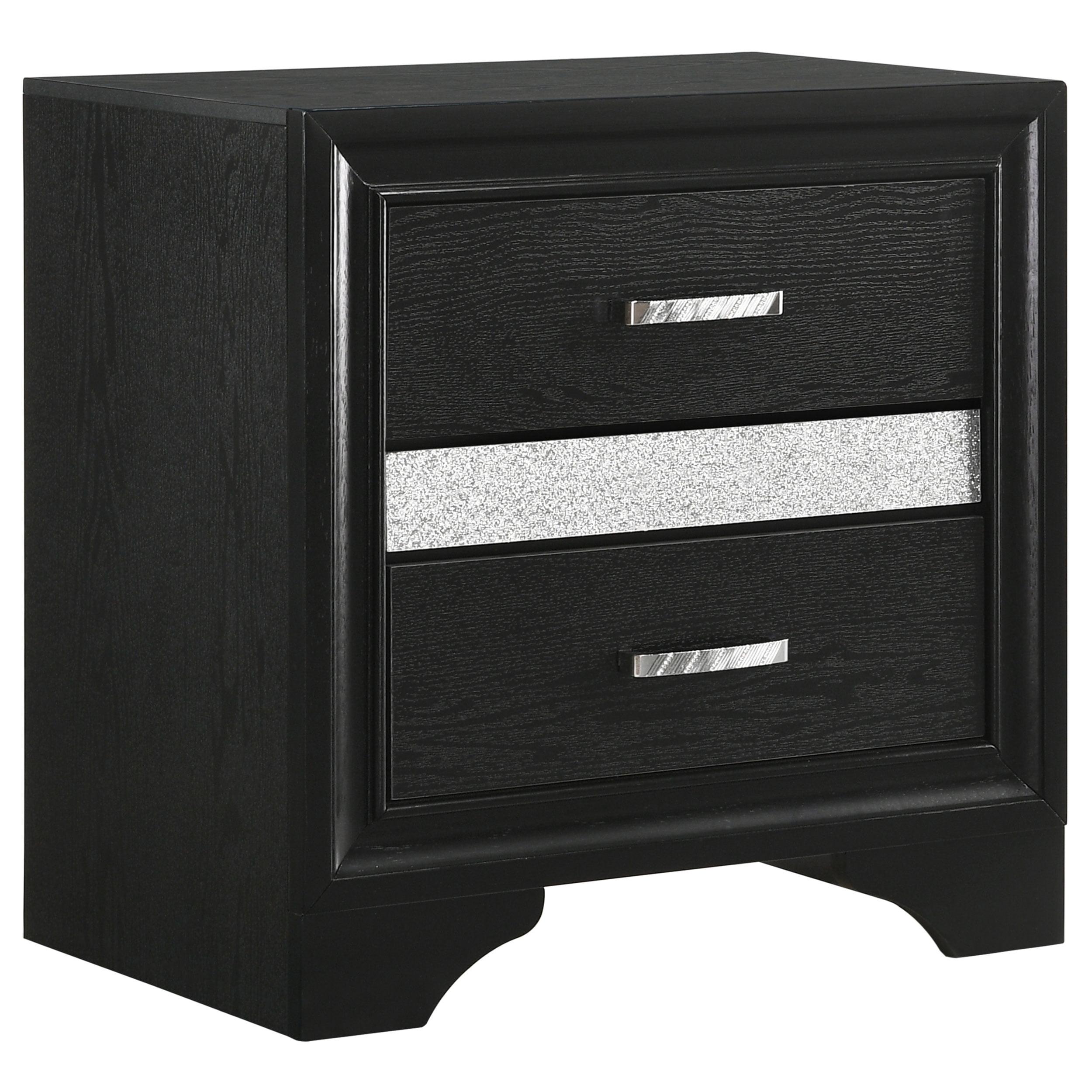 Contemporary Black 2-Drawer Nightstand with Rhinestone Handles