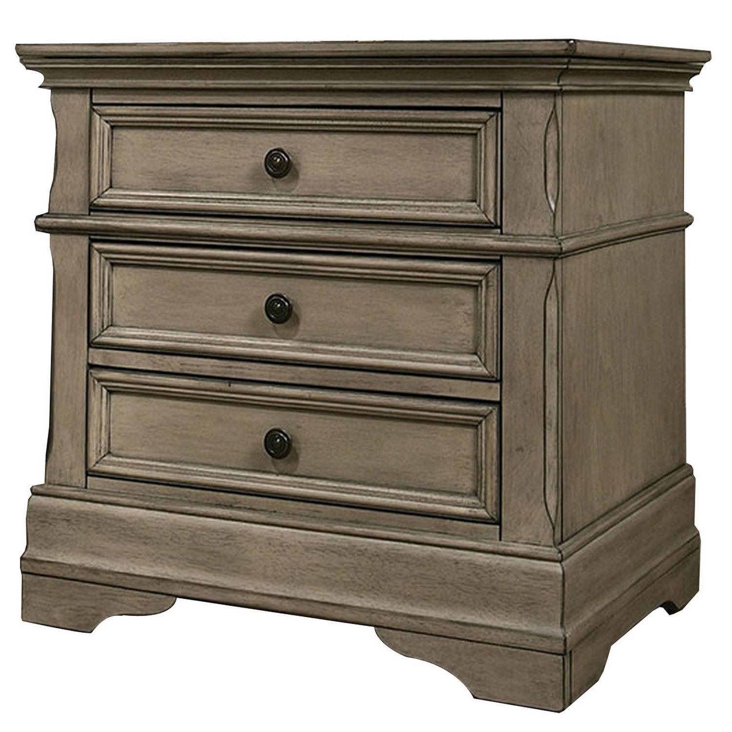 Miri 25 Inch 3 Drawer Nightstand with Brass Accents in Cherry Oak Brown