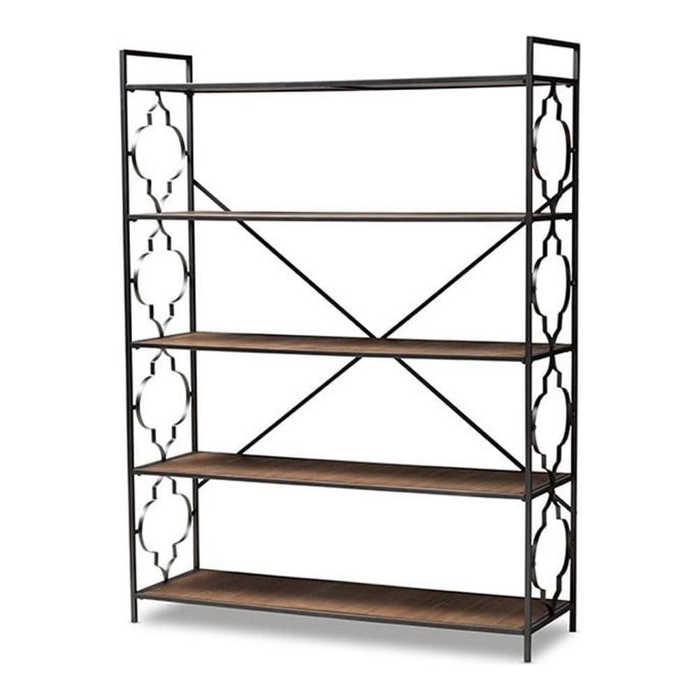 65" Mirna Iron & Oak Wood 5-Shelf Bookshelf with Quatrefoil Design - Baxton Studio