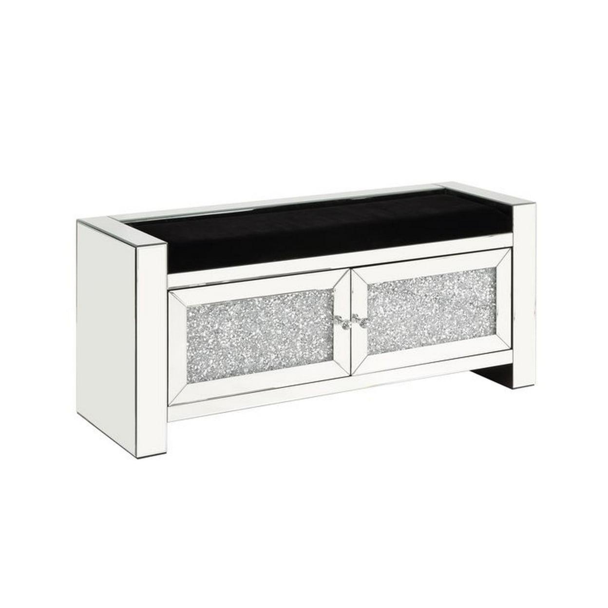 Elegant 47" Silver Mirrored Bench with Faux Diamonds and Tufted Black Seat