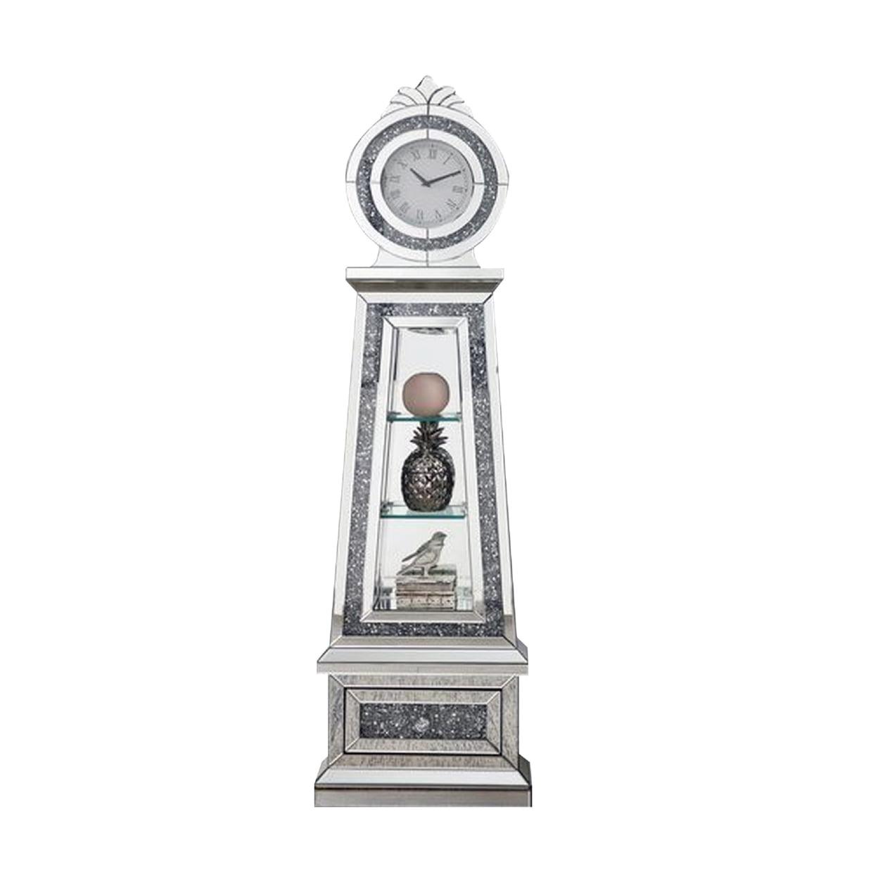 Mirrored Grandfather Clock with 3 Open Compartments Silver - Saltoro Sherpi