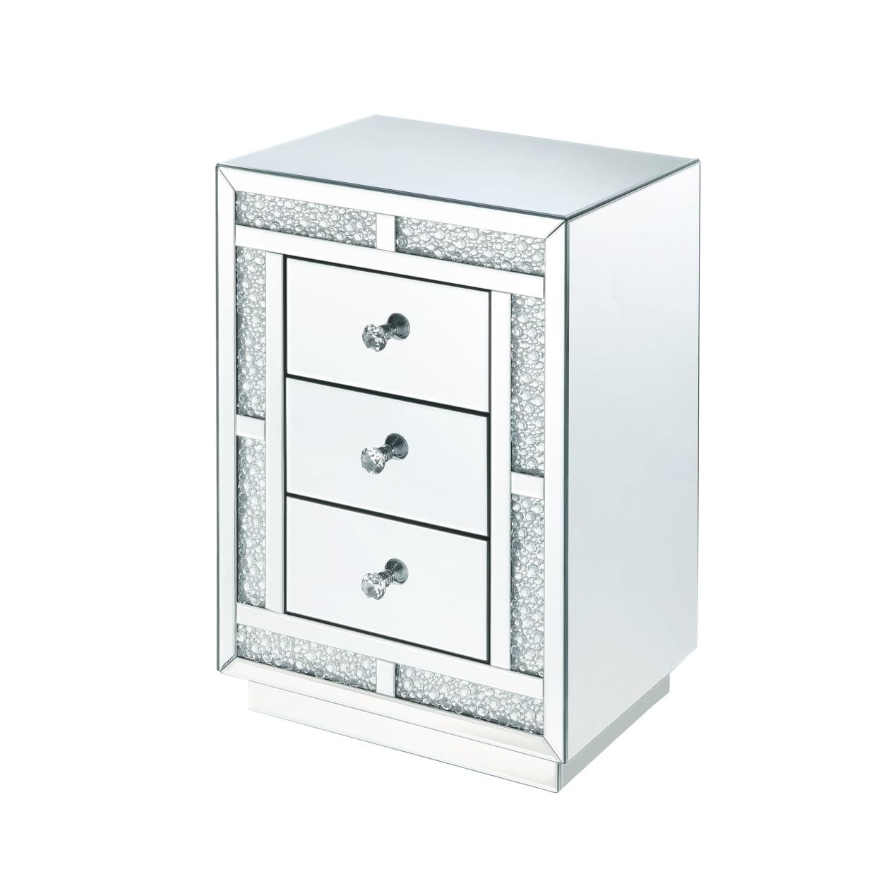 Modish Silver Mirrored Nightstand with Crystal Knobs and 3 Drawers
