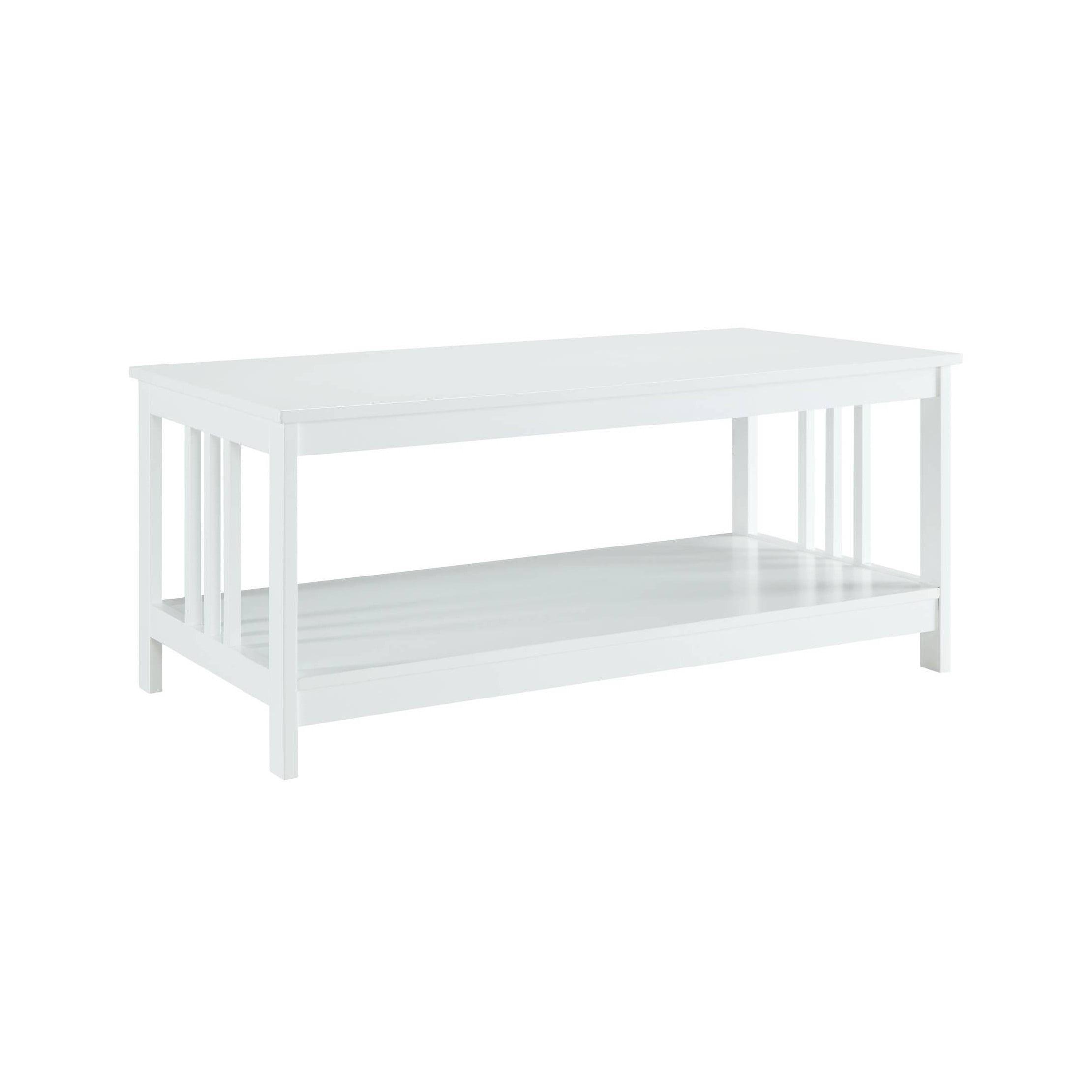 Elegant Mission White Rectangular Wood Coffee Table with Shelf