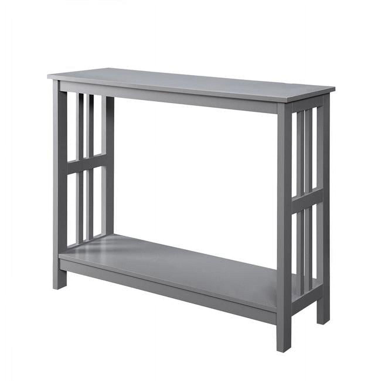 Elegant Gray Mission-Inspired Console Table with Glass Overlay and Storage Shelf