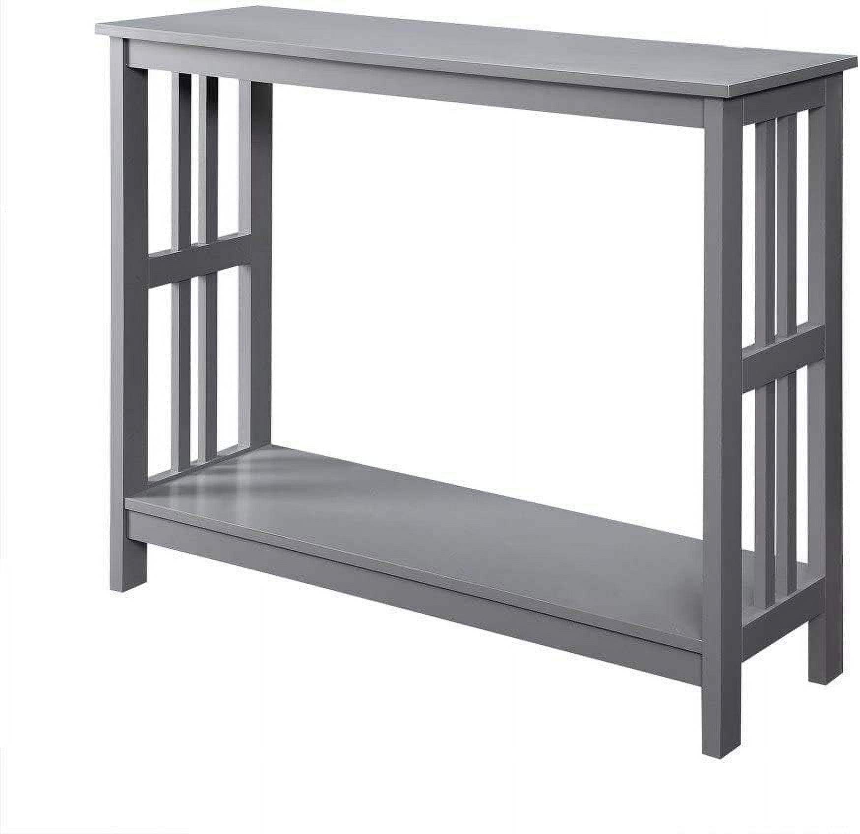 Elegant Gray Mission-Inspired Console Table with Glass Overlay and Storage Shelf