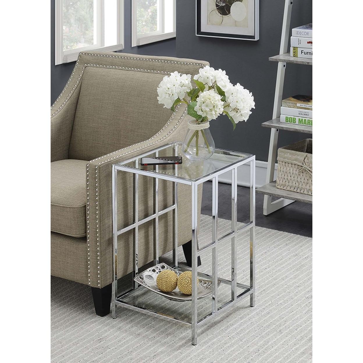 Contemporary Mirrored Glass Metal End Table with Chrome Finish