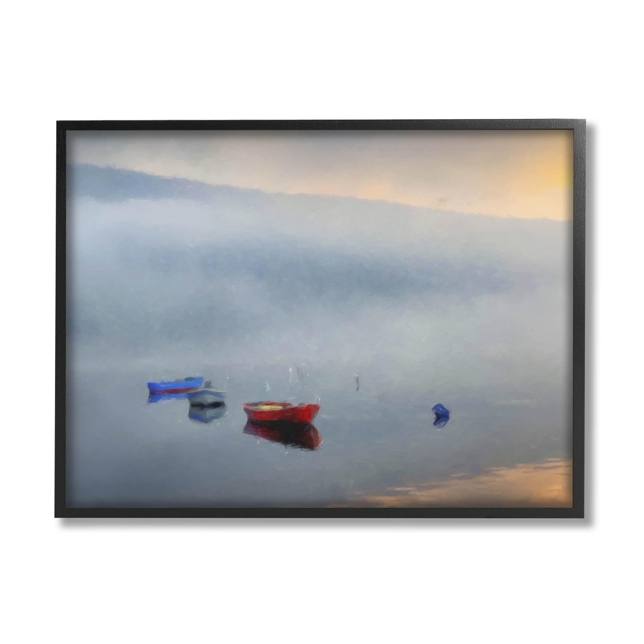 Misty Lake Canoes Fog Scene Black Framed Canvas Print