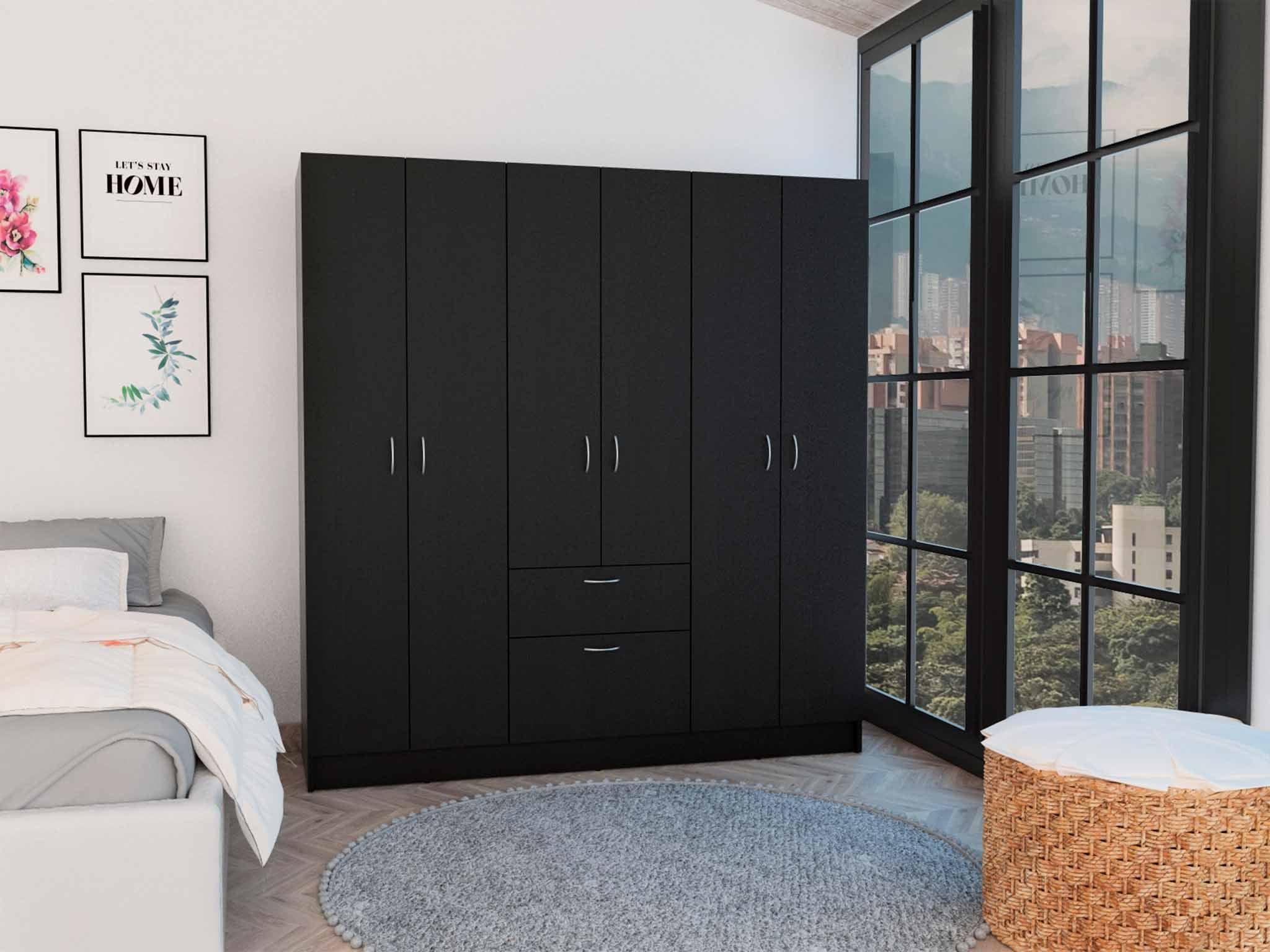 Black Six-Door Armoire with Shelves and Drawer