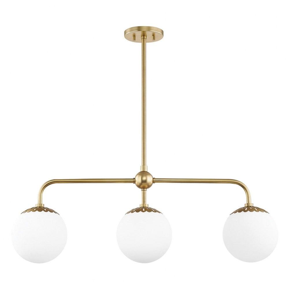 Elegant Aged Brass 3-Light Linear Chandelier with Opal Matte Glass