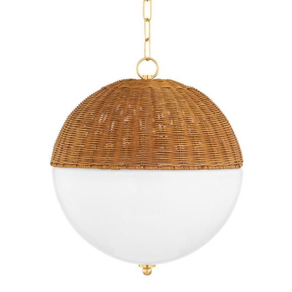 Aged Brass Globe Pendant with White Glass Shade - Indoor/Outdoor