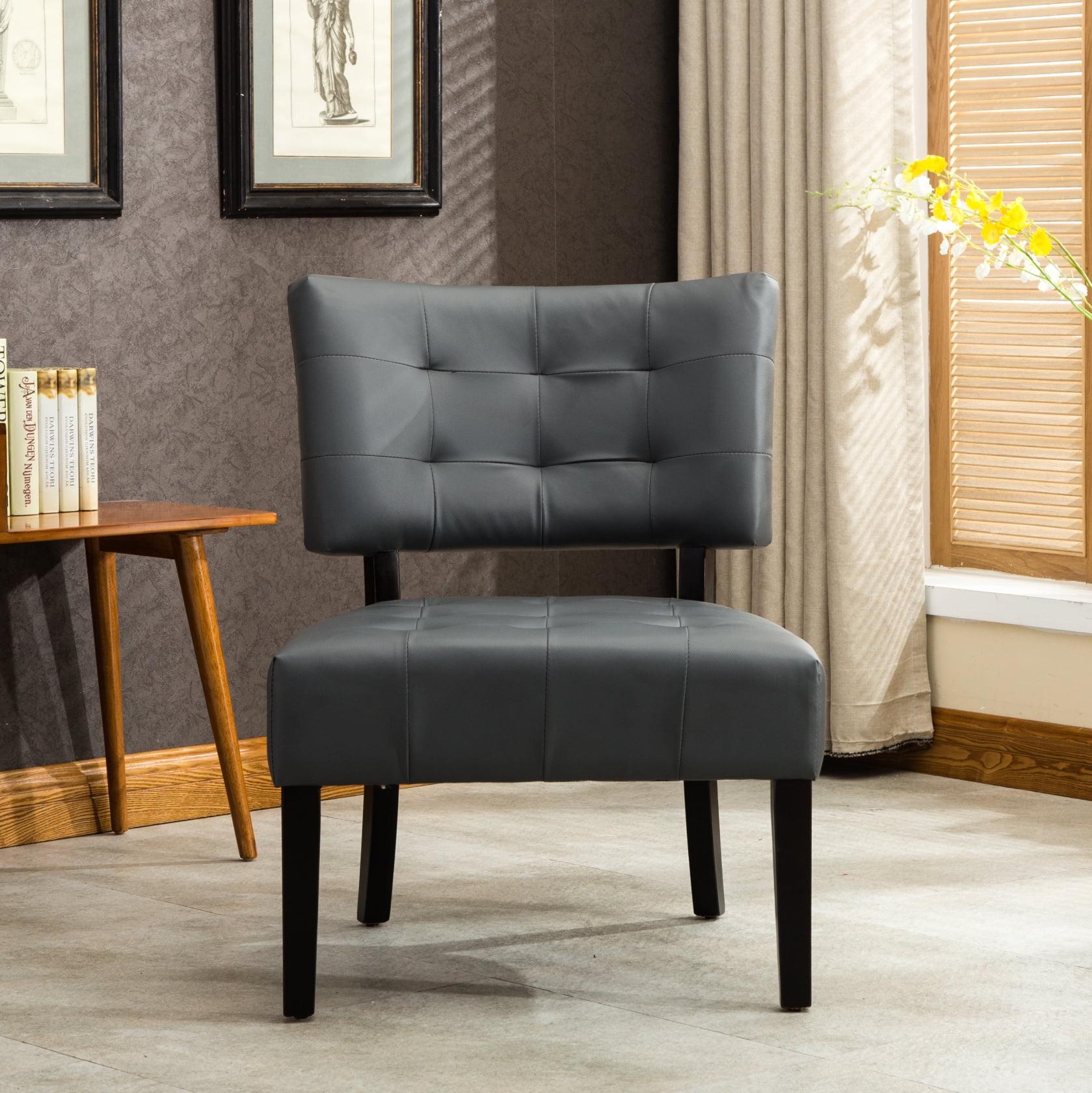 Gray Leather Tufted Oversized Slipper Chair with Wood Legs