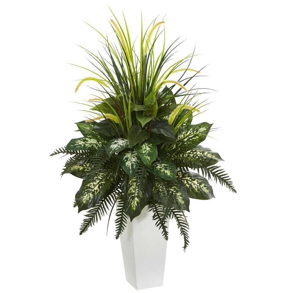 Exotic Mixed Greens River Fern & Dogtail in White Tower Planter