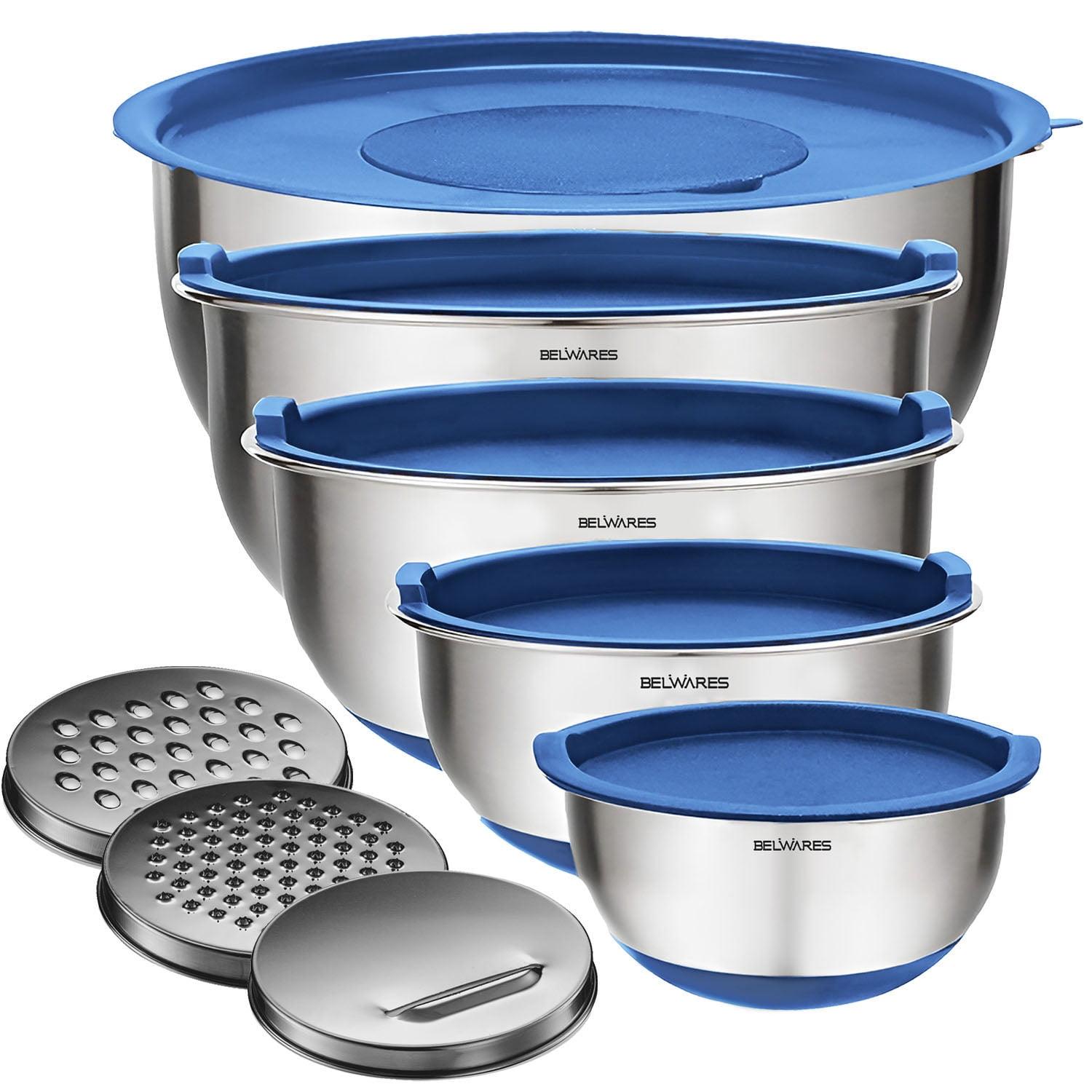 Mixing Bowls with Lids Set - Nesting Bowls with Airtight Lids + Graters - Stainless Steel Non-Slip Mixing Bowl for Baking, (Blue, 5-Piece Set)