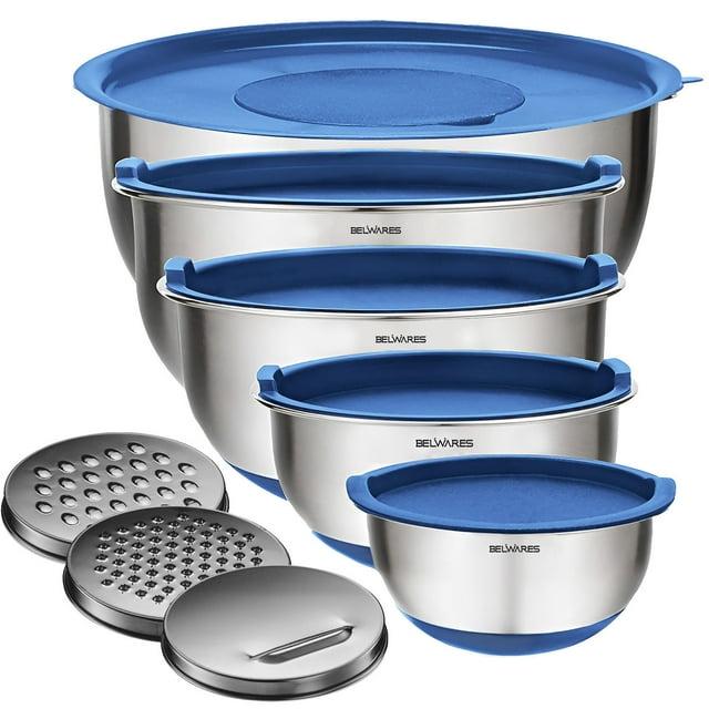 Mixing Bowls with Lids Set - Nesting Bowls with Airtight Lids + Graters - Stainless Steel Non-Slip Mixing Bowl for Baking, (Blue, 5-Piece Set)