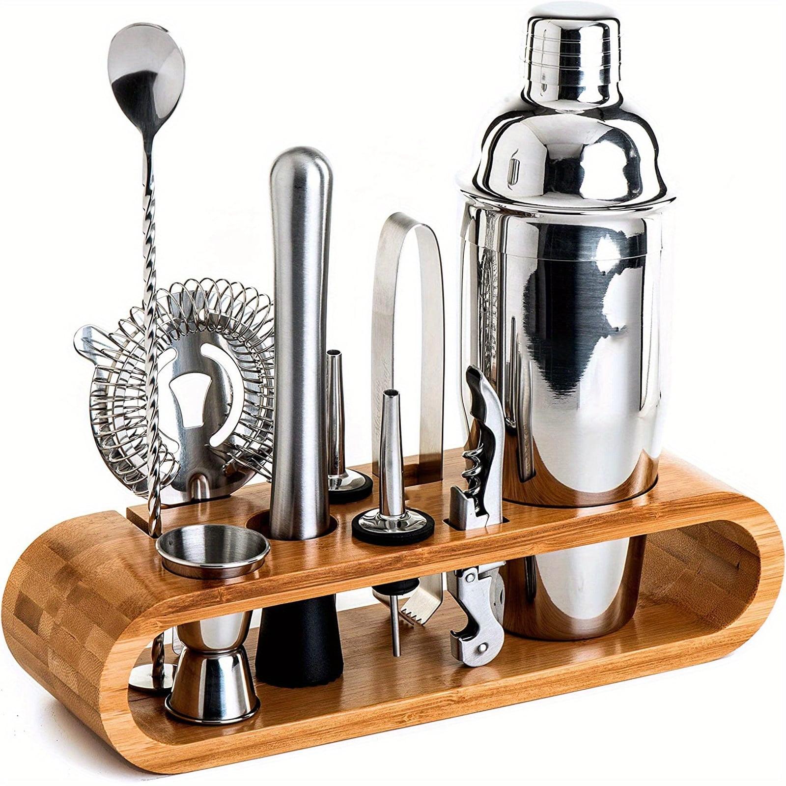 Stainless Steel Bartending Set with Bamboo Rack and Tools